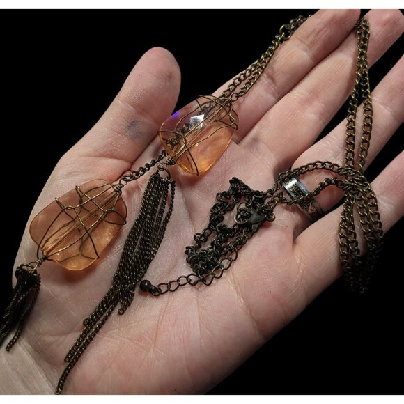 Funky Gemmed Chain Tassel Gold Tone Necklace - Picture 6 of 6